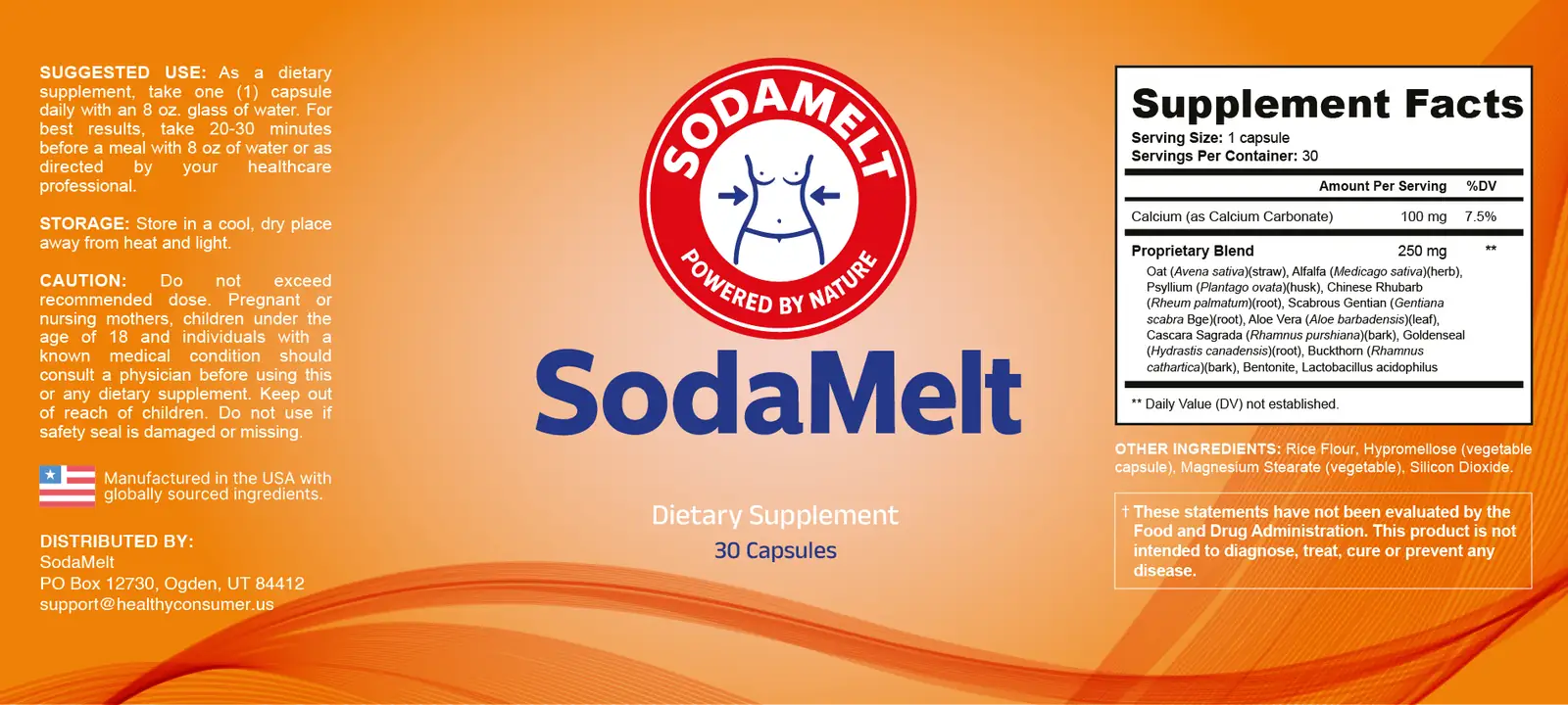The flat SodaMelt label artwork showing the Supplement Facts panel